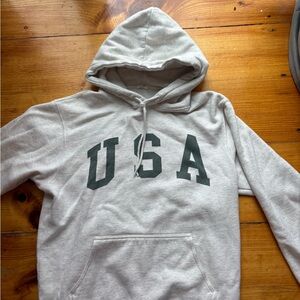 Brandy Melville Light Gray USA Pullover Hoodie with Green Lettering